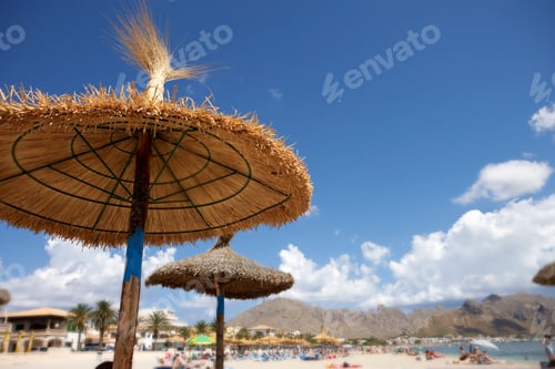 Preview: Low Angle Shot Of Palapa Sunshades On A Sandy Beach With Copy Space.
