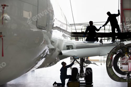 Preview: Wide Shot Of The Silhouettes Of The Engineers Repairing The Landing Gear Of A Passenger Jet At A