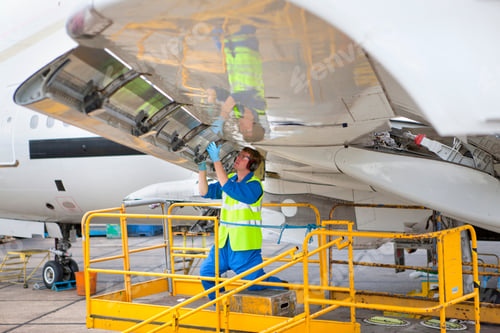 Preview: Engineer In A Reflector Vest Repairing The Flap On The Wing Of A Passenger Jet At A Hangar.