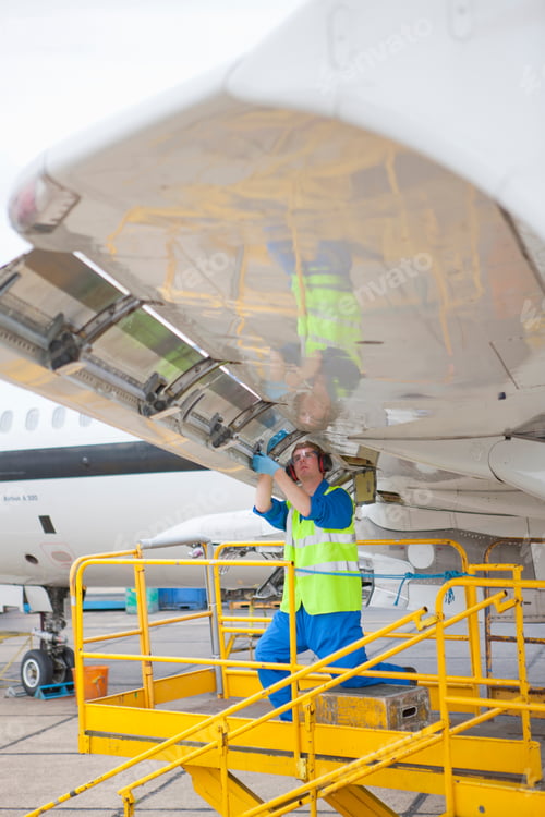Preview: Vertical Shot Of An Engineer In A Reflector Vest Repairing The Flap On The Wing Of A Passenger Jet