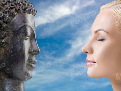 Preview: Portrait Of Young Adult Woman Facing A Statue, Studio Shot