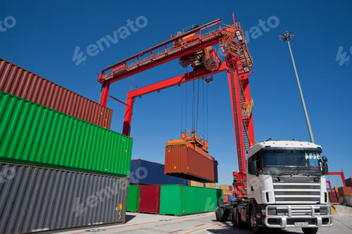 Preview: Wide Shot Of A Dockyard Where Cargo Containers Are Being Stacked And Transported Using Lorries