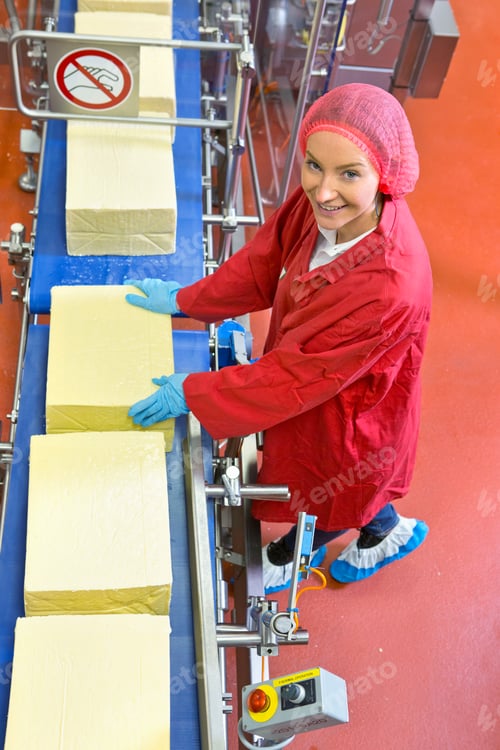 Preview: Vertical Shot Of A Smiling Worker Inspecting Cheese In The Factory