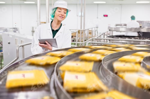 Preview: Quality Control Worker Examining Cheese At Production Line In Processing Plant