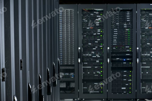 Preview: Servers Locked In Storage Cabinets At A Data Center.