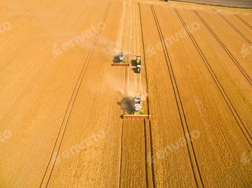 Preview: Aerial View Of Combine Harvesters And Tractor Trailer In A Sunny Golden Barley Field