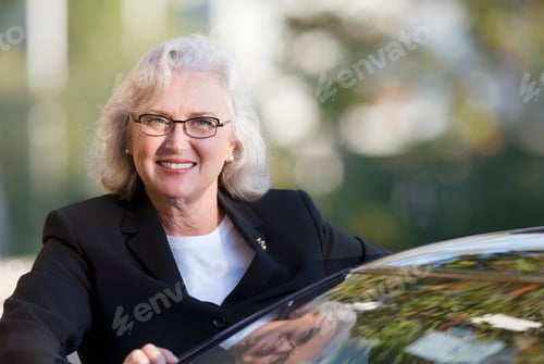 Preview: Portrait Of Mature Businesswoman In Glasses By Car At Camera