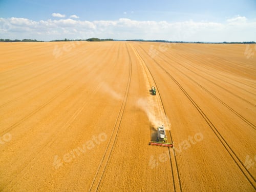 Preview: Aerial View Of Combine Harvester In A Sunny Golden Barley Field