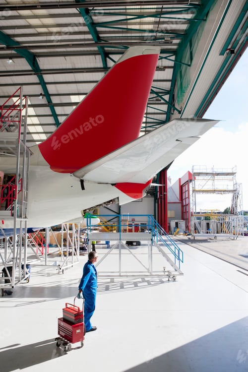 Preview: Vertical Wide Shot Of An Engineer With A Tool Box Near A Passenger Jet At A Hangar.