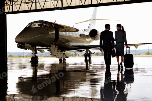 Preview: Wide Shot Of A Businesswoman And A Businessman Walking Towards Private Jet