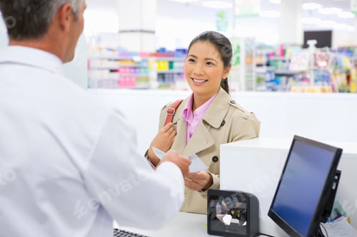 Preview: Female Customer Making A Purchase At The Pharmacy Counter.