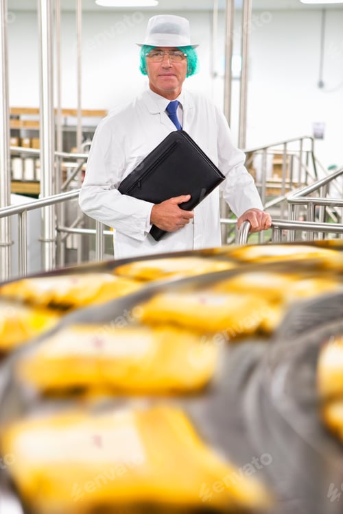 Preview: Portrait Confident Bank Manager At Production Line In Cheese Processing Plant