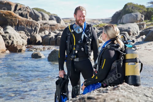 Preview: Couple In Wetsuits Going Ocean Scuba Diving From Rocky Beach