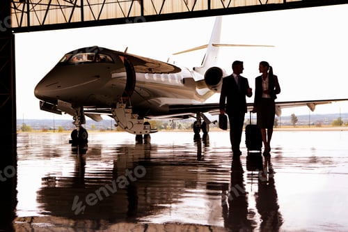 Preview: Silhouette Of Businessman And Businesswoman Walking Away From The Private Jet In Hangar