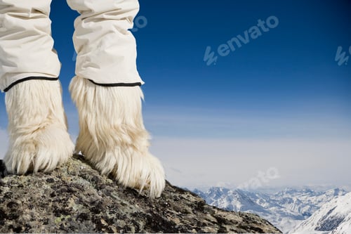 Preview: Cropped View Of Person In Fur Boots Standing On Rock In Mountains