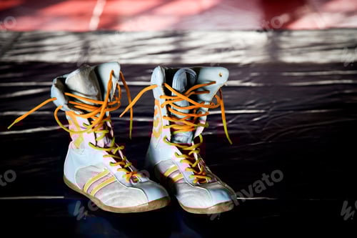 Preview: Close Up Of Boxers Boots On A Training Floor