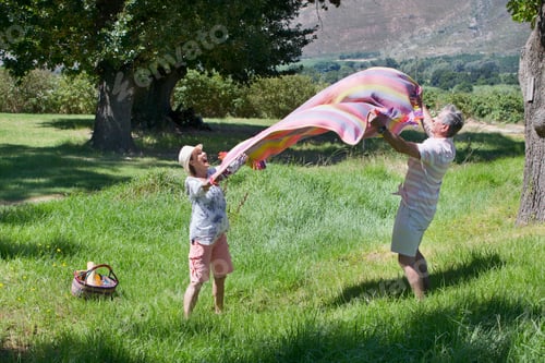 Preview: Senior Couple Laying Picnic Blanket In A Field
