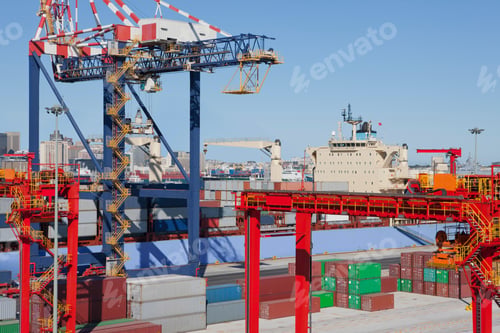 Preview: Wide Shot Of A Dockyard With Ships, Stacked Cargo Containers And Huge Gantry Cranes