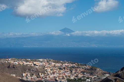 Preview: View Of San Sebastian, La Gomera, Canary Islands With Mount Teide On Tenerife In Background