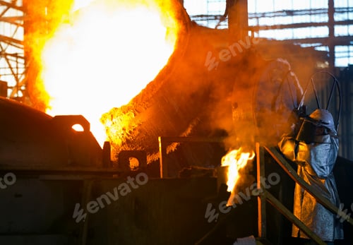 Preview: Worker In Protective Clothing Pouring Molten Metal In Foundry