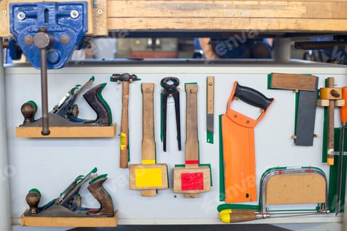 Preview: Woodworking Tools Hanging In A Carpentry Workshop.