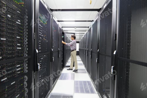 Preview: Wide Shot Of A Technician Working On A Server Rack At A Data Center.