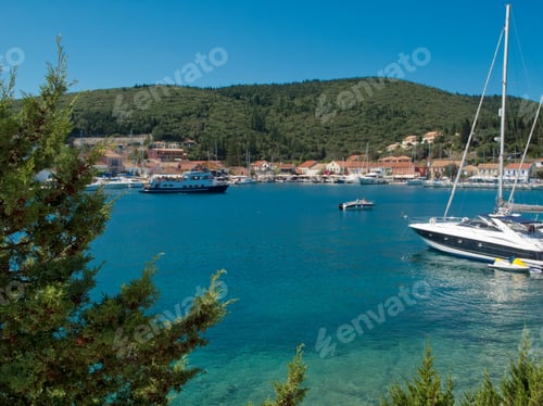 Preview: Greece, Kefalonia, Fiskardo, View Of Yachts And Sunny Coastal Harbour
