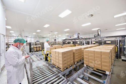 Preview: Workers With Digital Tablets At Food Packaging Production Line