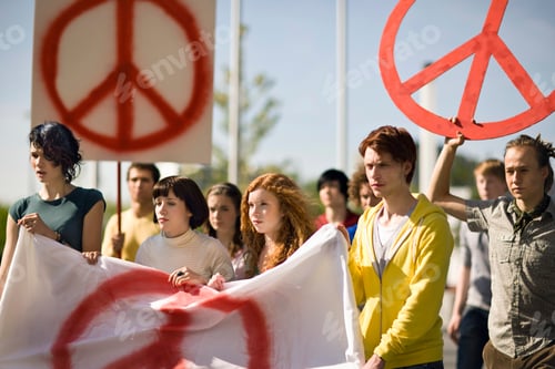Preview: Group Of Young People Holding Banner At Peace Demonstration In Munich, Bavaria, Germany
