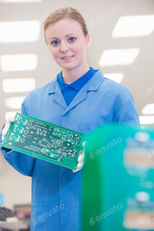 Preview: Vertical Shot Of A Woman Engineer In Apron Holding A Printed Circuit Board And Looking At The