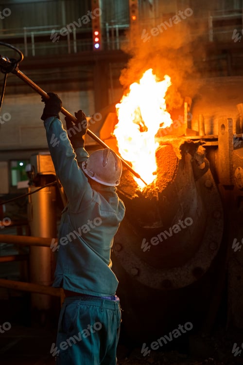 Preview: Foundry Worker Checks Temperature Of Molten Metal In Steel Mill