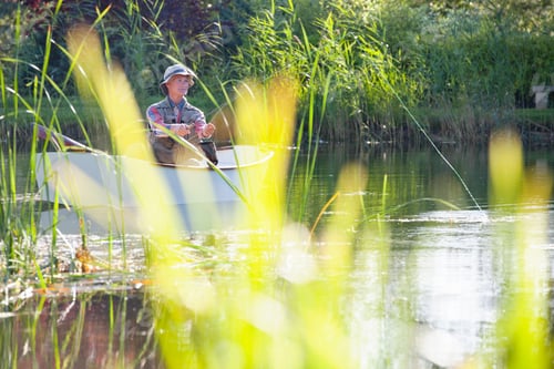 Preview: Wide Shot Of An Elderly Man Fishing Over A Lake While Sitting In A Rowboat With Grass Blades In The