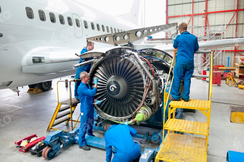 Preview: Wide Shot Of Engineers Repairing The Turbine Engine Of A Passenger Jet At A Hangar.