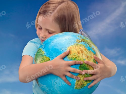 Preview: Young Girl Hugging A Globe, Studio Shot
