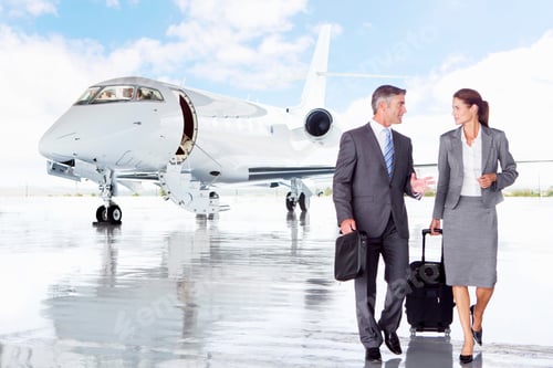 Preview: Businesswoman And Businessman Talking While Walking Away From A Private Jet