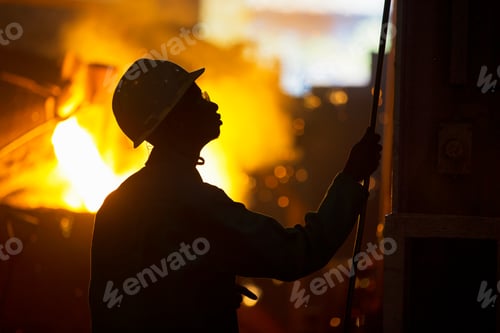 Preview: Silhouette Of Worker In Foundry With Molten Metal Being Poured