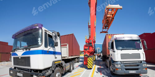Preview: Close Up Of Lorries At A Dockyard Carrying Containers To The Destination