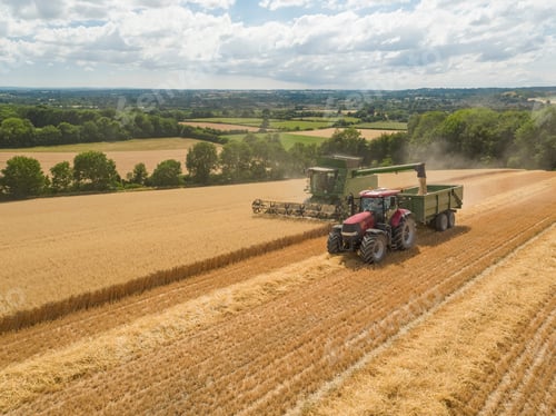Preview: Harvest View Of Combine Harvester Cutting Summer Oats Field Crop And Tractor Trailer On Farm