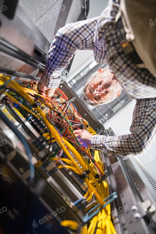 Preview: Low Angle Vertical Shot Of A Technician Checking Wires In The Data Center