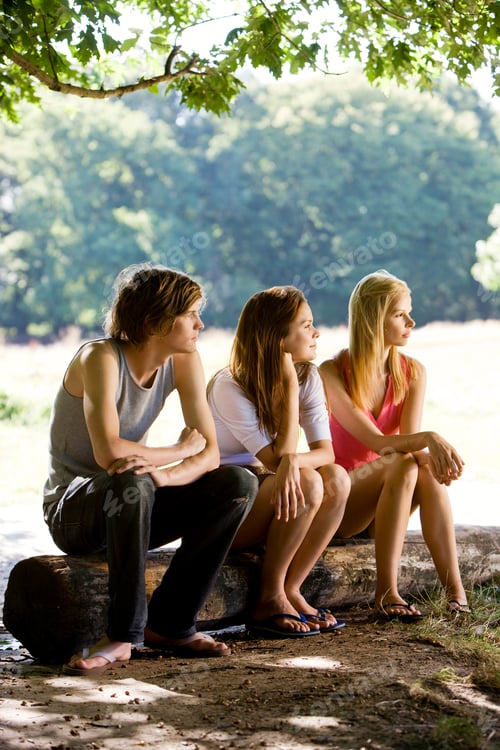 Preview: Three People Sitting On A Log, In A Park