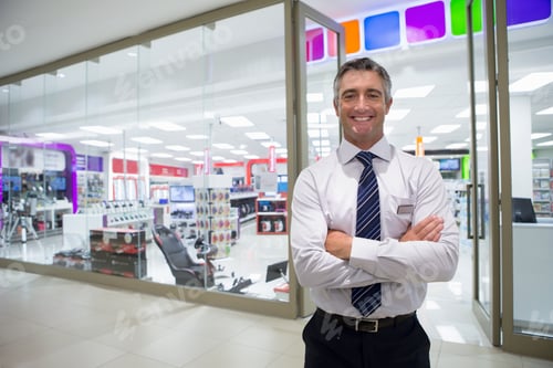 Preview: Portrait Shot Of A Salesman Standing In Front Of An Electronics Store And Smiling At The Camera.
