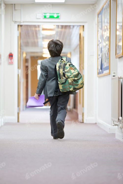 Preview: Middle School Student With Backpack Walking In School Corridor
