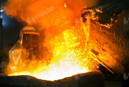Preview: Worker In Protective Clothing Checking Molten Metal In Foundry