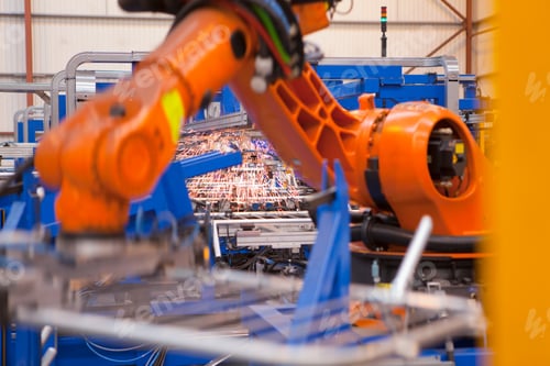 Preview: Close-Up Shot Of A Robotic Machinery Lifting Steel Gates In A Factory With Motion Blur.