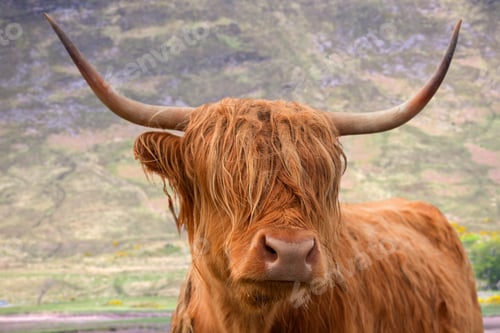 Preview: Close-Up Portrait Of A Highland Cow With Long Horns Standing In An Open Field.