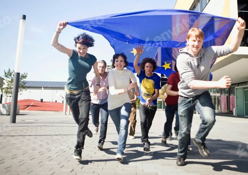 Preview: Group Of Young People Running With An Eu Flag In Munich, Bavaria, Germany