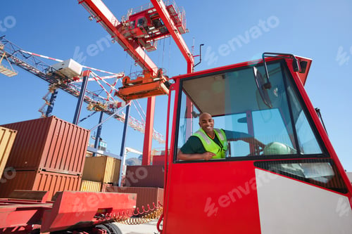 Preview: Smiling Lorry Driver Ready To Transport Cargo Containers To Its Destination From A Dockyard