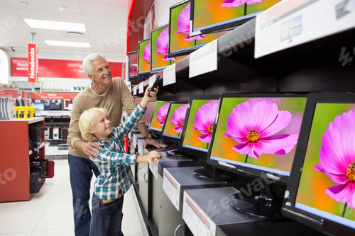 Preview: A Young Boy Holding A Remote Control And Pointing It At The Televisions In An Electronics Store