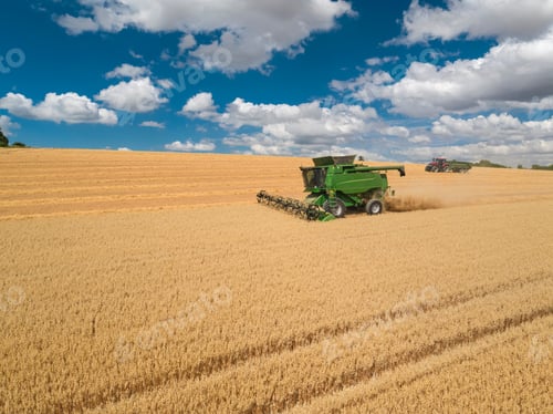 Preview: Harvest Aerial Of Combine Harvester Cutting Summer Oats Field Crop Under Blue Sky On Farm