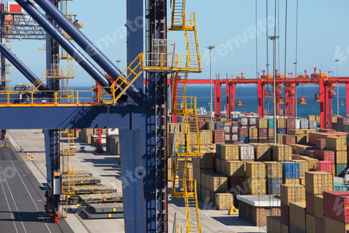 Preview: Stairs Of A Crane Next To Cargo Containers At A Commercial Dock.